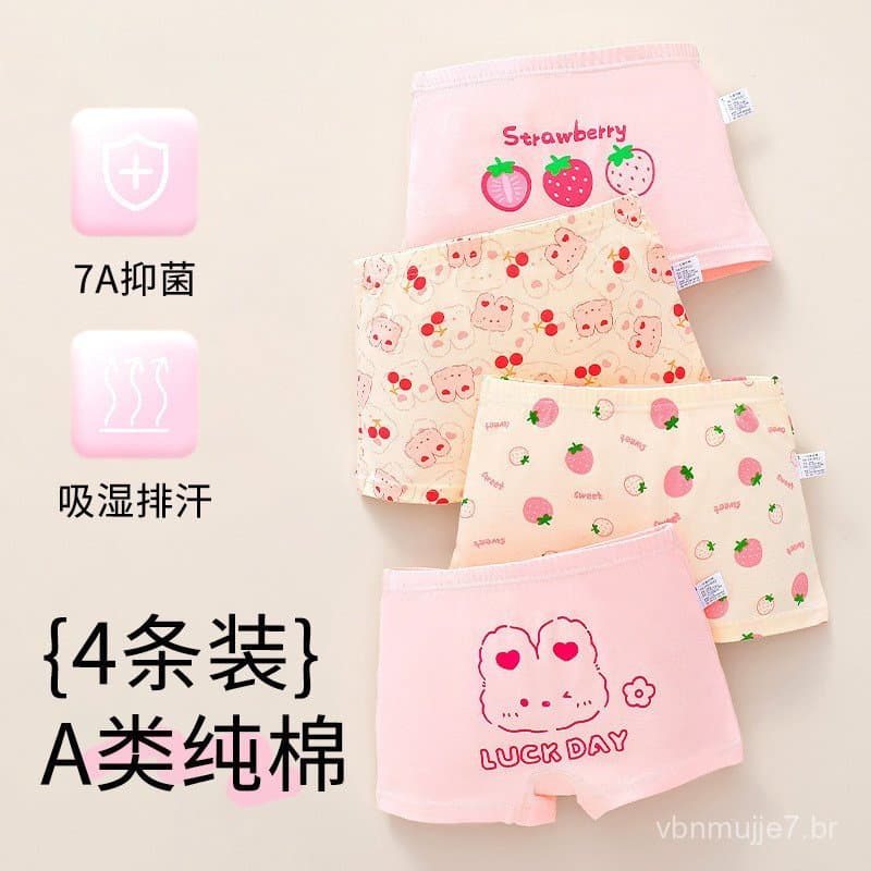 [Conjunto de 4] Cuecas Boxer Antibacterianas de Algodão Puro Classe A com Estampas de Desenhos Animados para Meninas, Ro