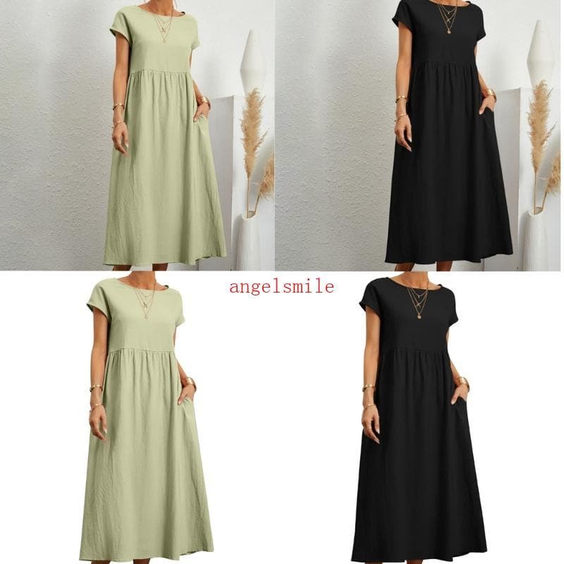 Vestido Midi Feminino Ace De Manga Curta Com Bolsos De Algodão De Verão Linho
