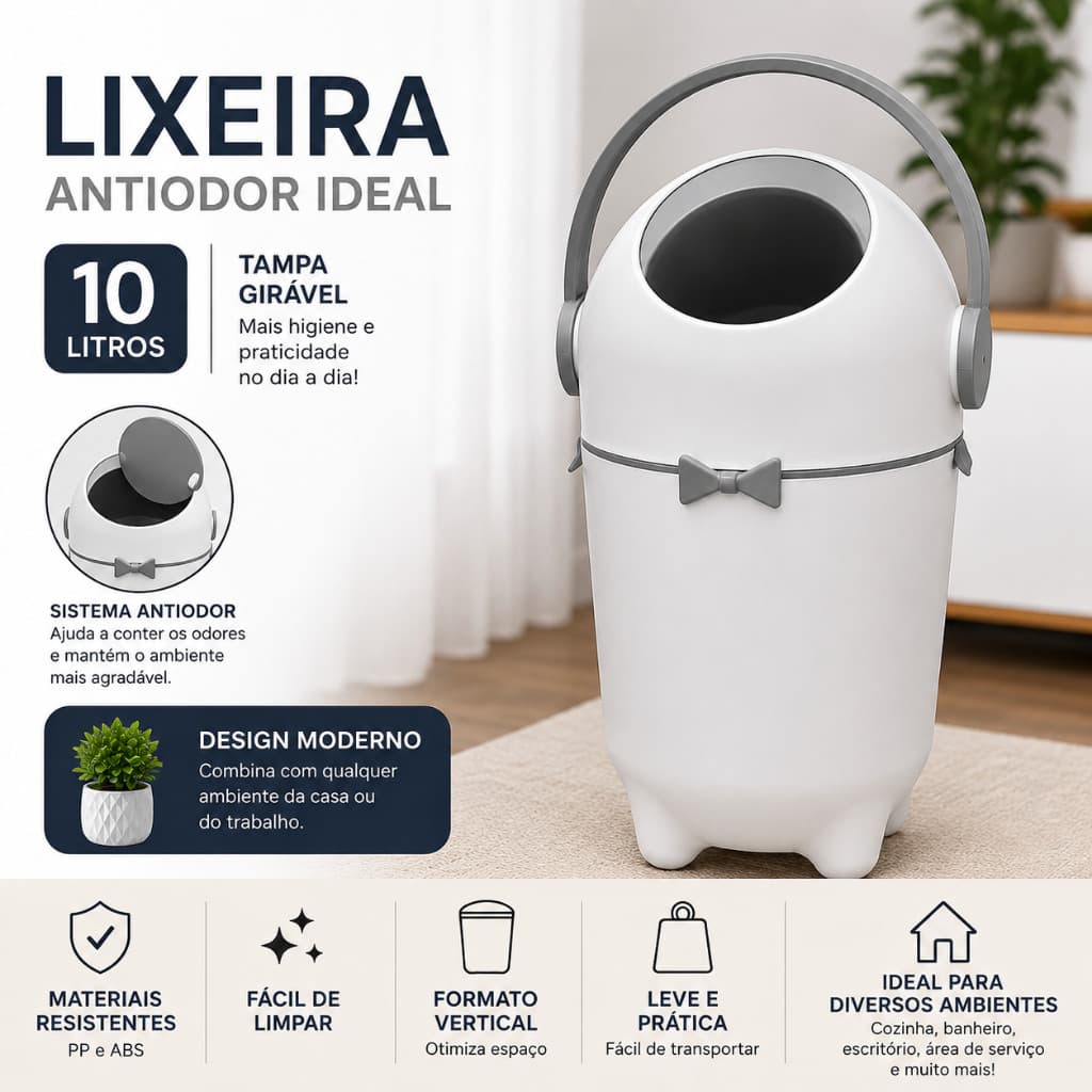 Lixeira Antiodor 10L com Tampa Giratória Branca Lixeira de Cozinha Banheiro Escritório