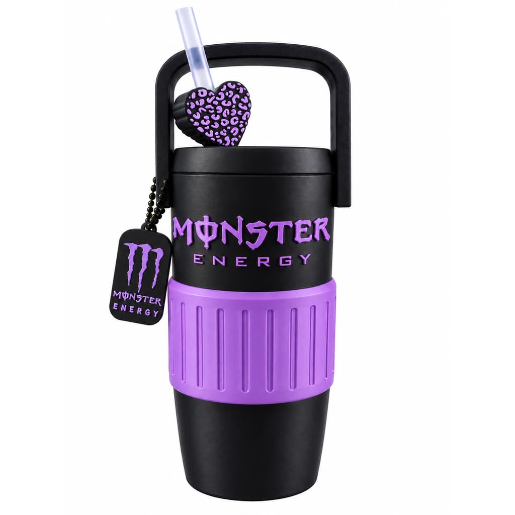 Porta Lata Térmico Monster 473ml Cooler Com Canudo Coração Abridor Lata Energético