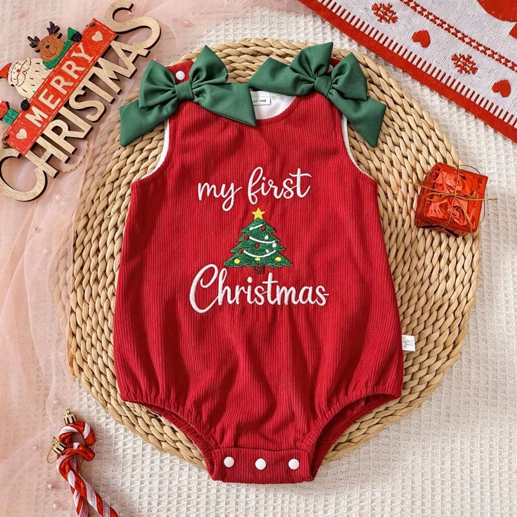 Macacão de Natal para bebês meninas com laço bordado macacão para bebês meu primeiro macacão de férias de Natal