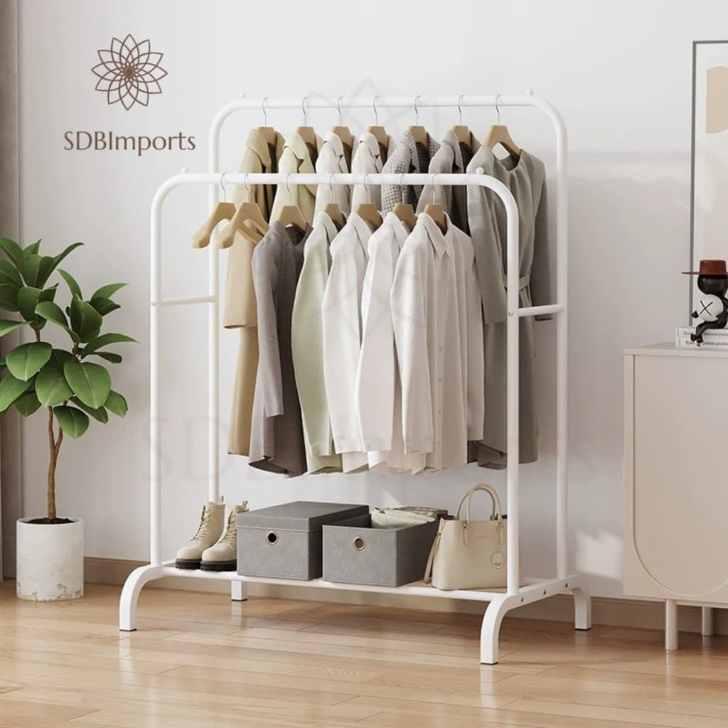 Arara de Roupas Cabideiro Duplo Branco de Chão Closet Modulado em Aço Carbono
