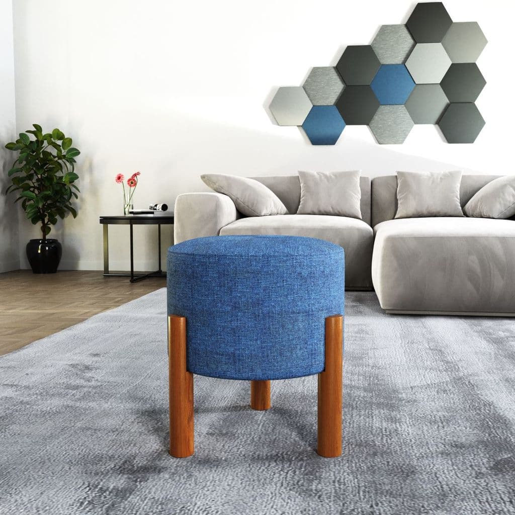 Puff Lucca Azul Pés Palito Decorativo Recepção Redondo em Linho Cru