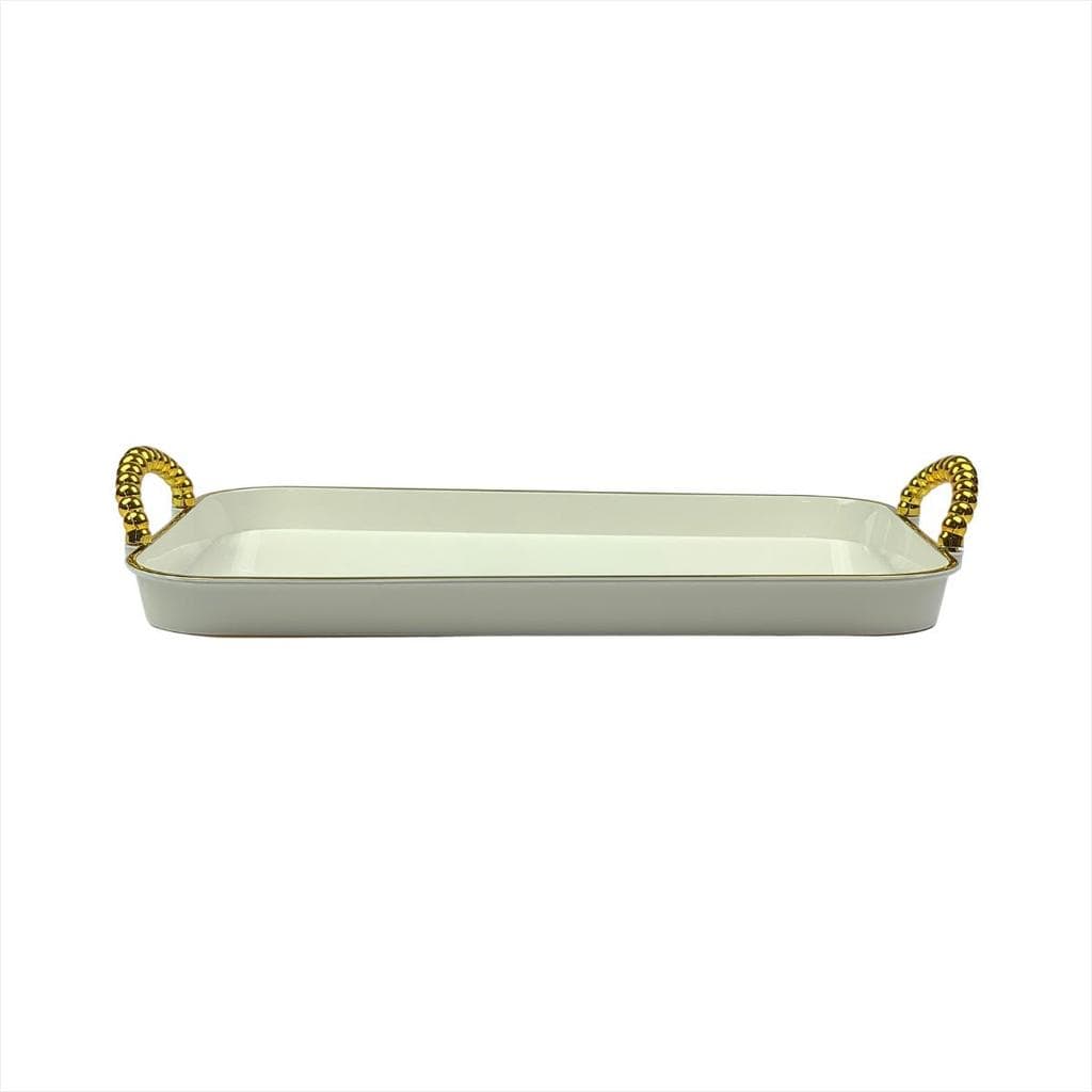 Bandeja Multiuso Decorativa Luxo Branca Alças Detalhada Retangular 37,5cm