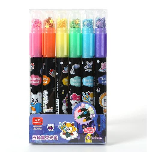 Kit 6 Mini Marca Texto Estrelado Com Cores Encantadas Detalhes Brilhantes em Formato de Estrela na Tampa Design Kawaii