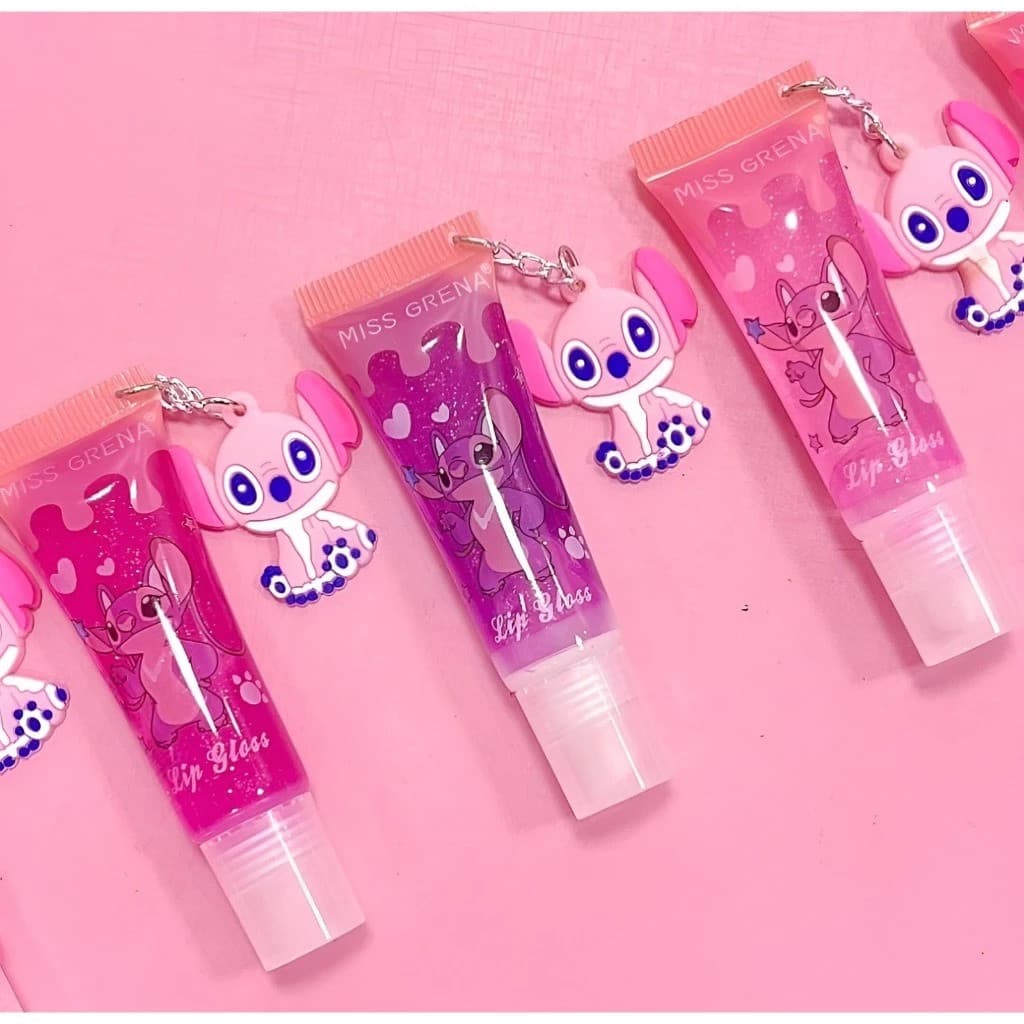 Lip Gloss Stitch com Glitter + Chaveiro Pingente Stitch – Brilho Labial Infantil Fofo