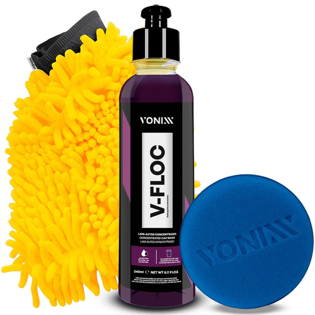 Kit 2 Shampoo Automotivo Vonixx V-Floc 240ml Lava Autos Super Concentrado Carro Moto Cheiro Uva + Luva Microfibra