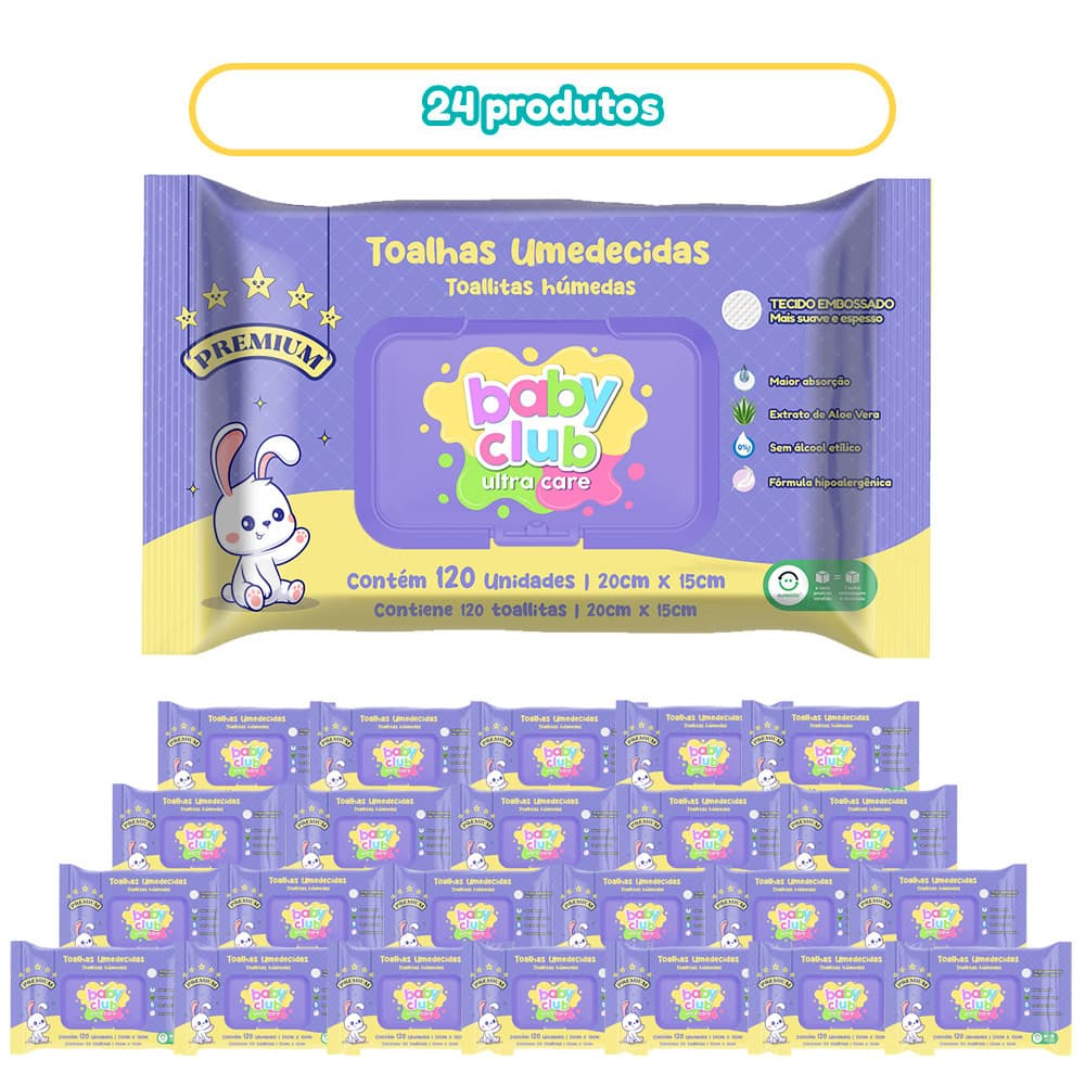 Kit 24 Pacotes Toalhas Umedecidas Premium 120 Folhas Baby Club