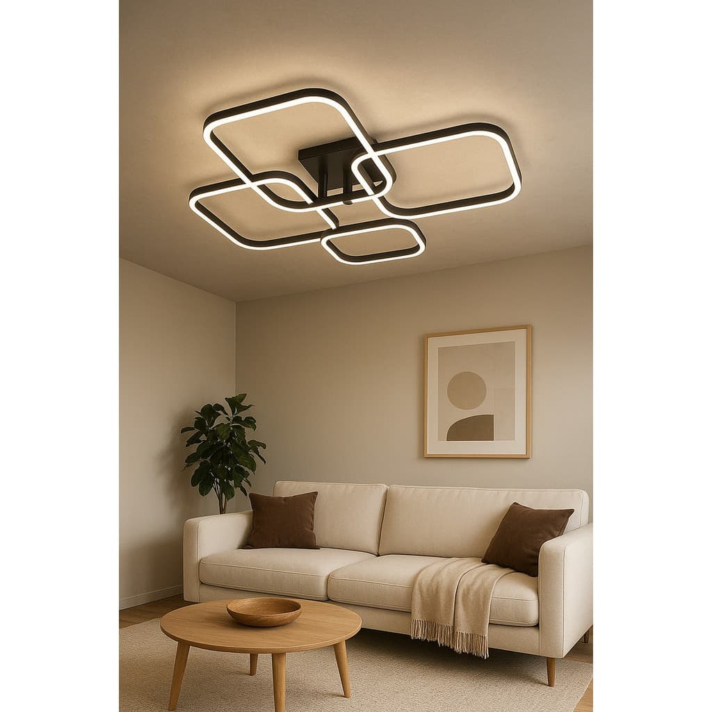 Luminária de Teto Lustre LED Fee Utilidades Paris 4 Quadrados 54w Preto Controle e Dimmer Bivolt