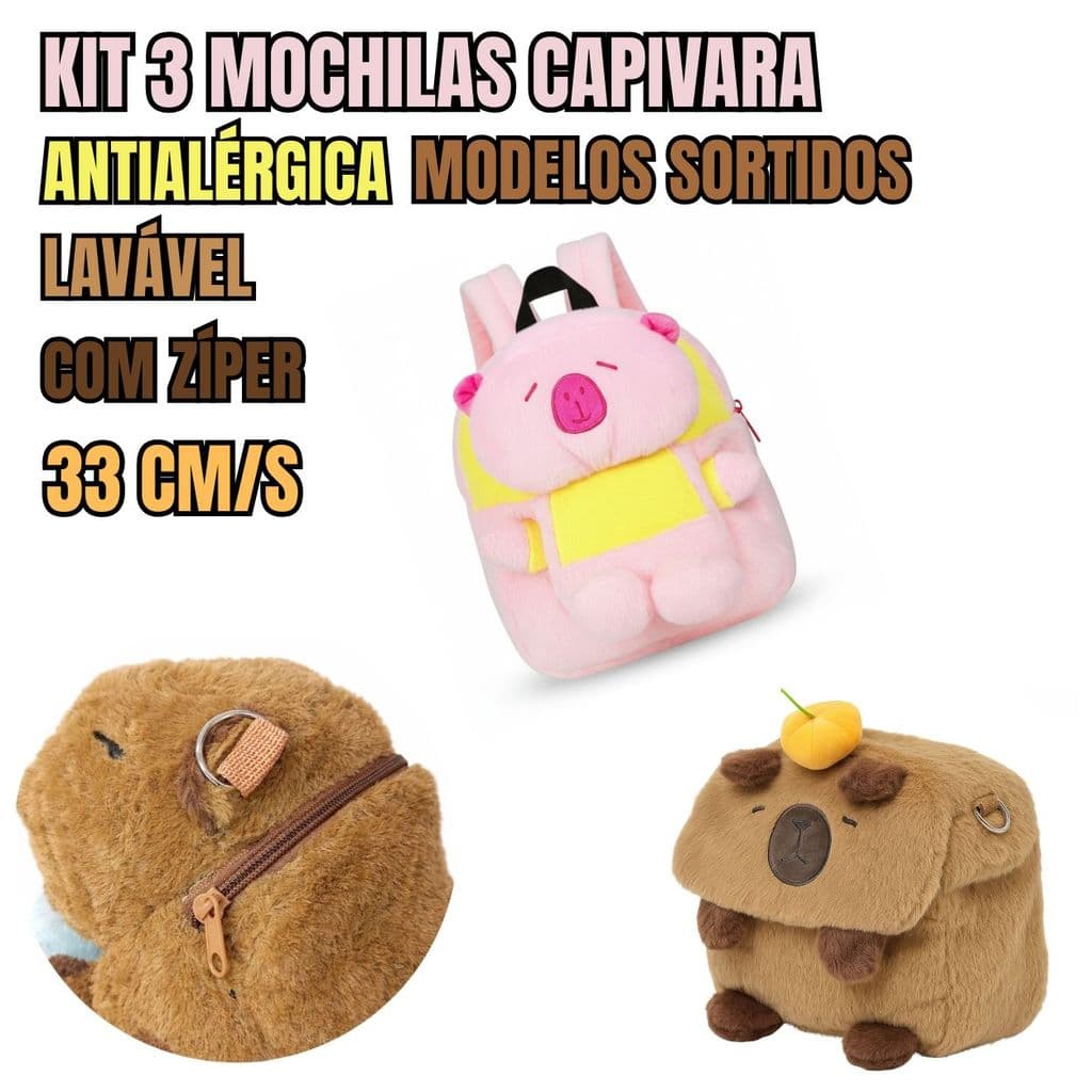 Kit 3 Mochilas Capivara Infantil Pelúcia 30cm Modelos Sortidos Alças Ajustáveis