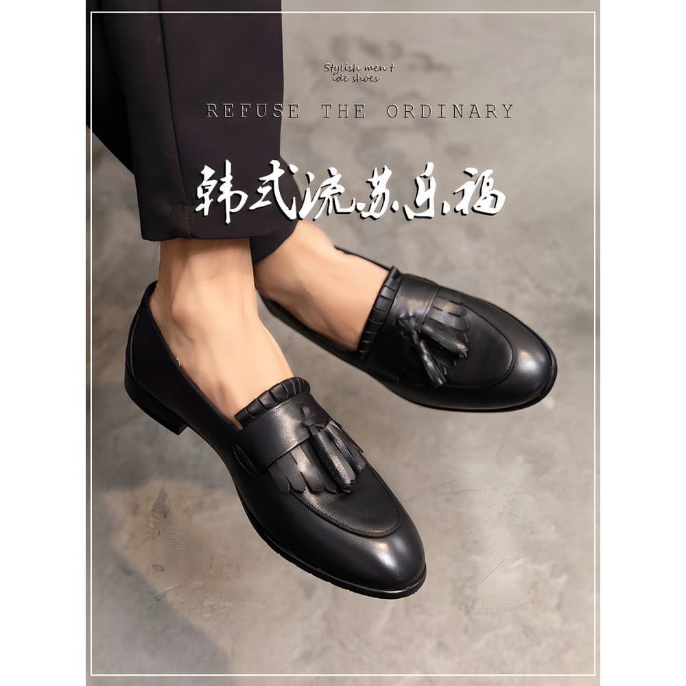 Primavera novo estilo de couro genuíno borla ervilhas sapatos dedo do pé redondo sapatos casuais masculinos ervilhas pre
