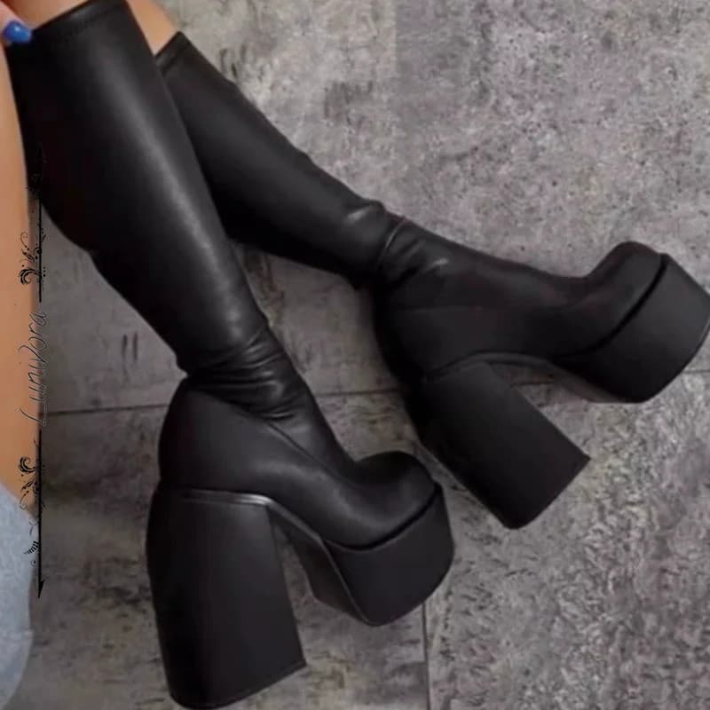 Botas Femininas de Cano Médio com Plataforma Robusta e Sola Grossa, Elásticas, Estilo Punk, Slip-on, Confortáveis para F