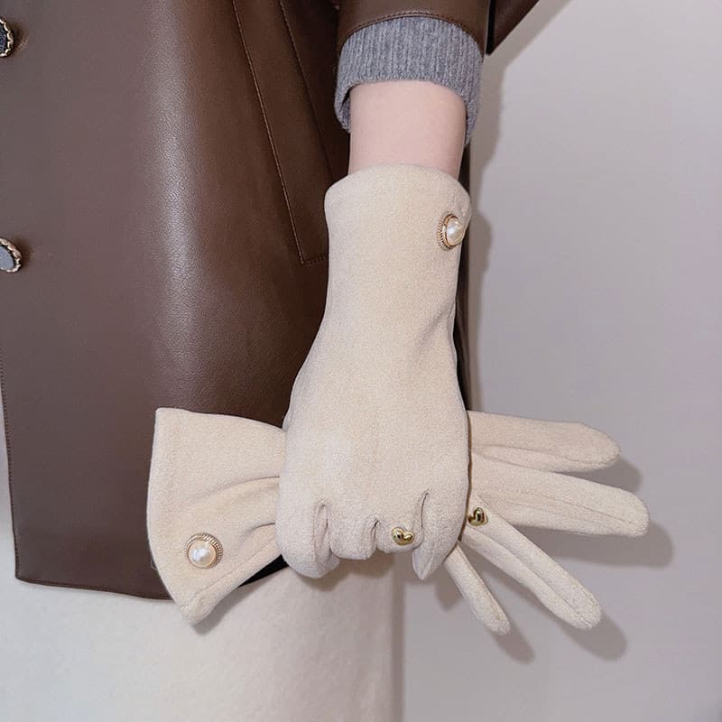Inverno estilo celebridade elegante pérola luvas forro feminino velo dentro mantendo quente Split dedo indicador tela to