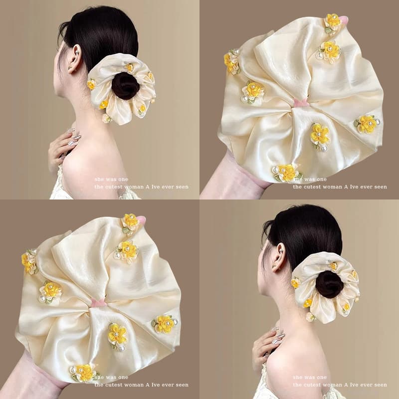 Oversized pérola flor cetim scrunchy laço de cabelo elástico feminino gravata cabeça High-End gordura scrunchy cabeça co