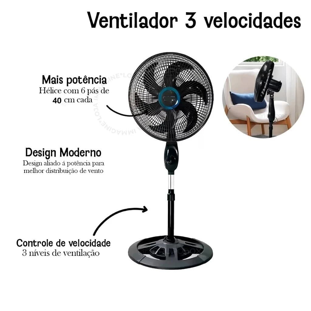 Ventilador vertical, altura ajustável, 3 velocidades, 6 pás, ventilador de chão economizador de energia 110V