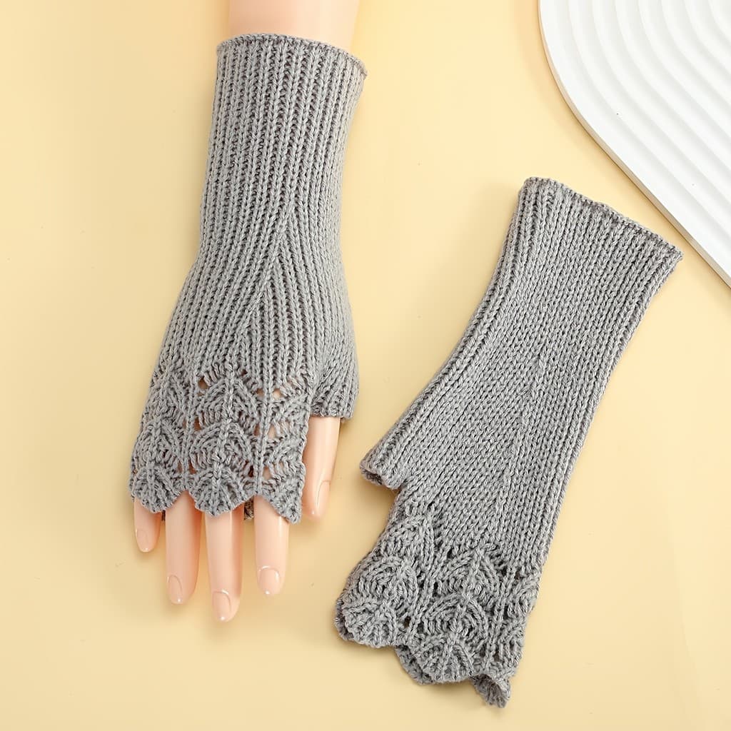 Luvas Femininas Estilo Preppy para o Inverno, Quentes e Sem Dedos - Padrão de Escamas de Peixe em Tricô Acrílico, Aque