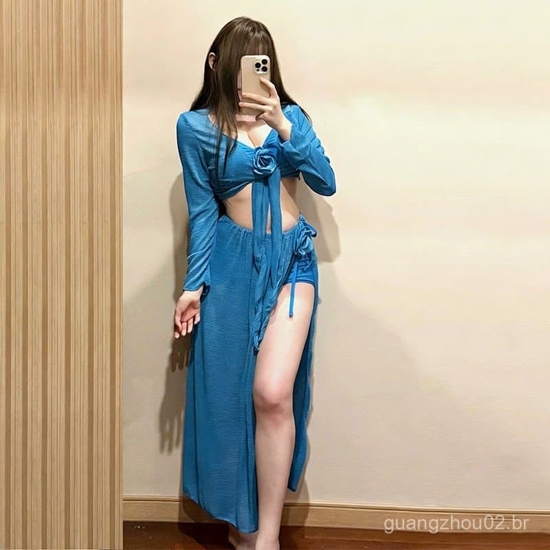 Biquíni feminino plus size, conjunto de quatro peças com mangas compridas e calças, cor sólida, adequado para meninas um