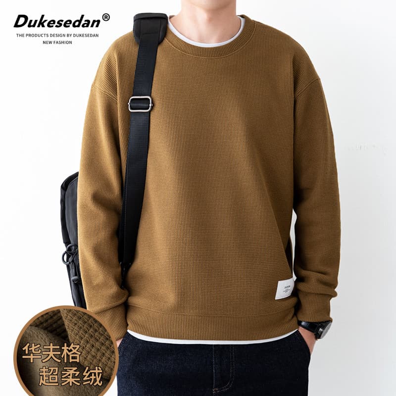 Waffle forro de lã moletom masculino outono inverno em torno do pescoço solto Casual pulôver masculino primavera outono