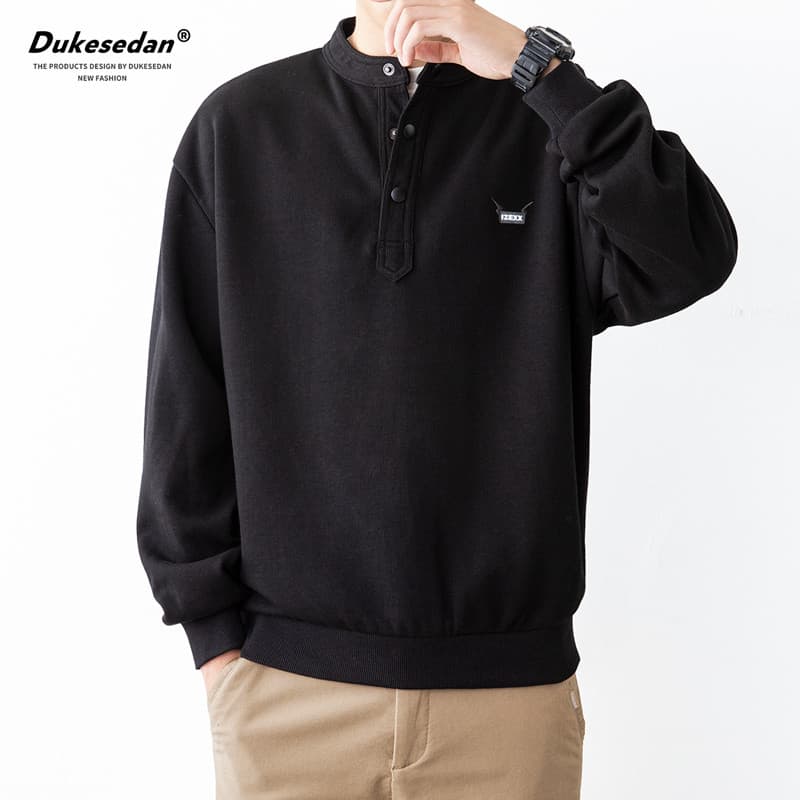 Moletom preto masculino primavera outono estilo exterior usar em torno do pescoço solto All-Match pulôver masculino topo