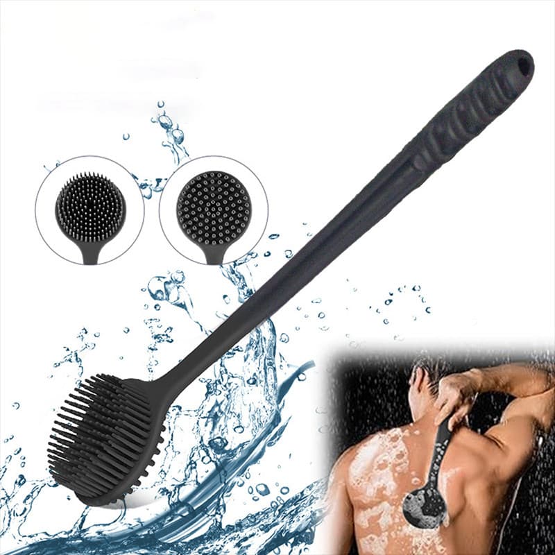 Escova de banho de silicone com cabo longo e dupla face para limpeza e massagem das costas AQBU