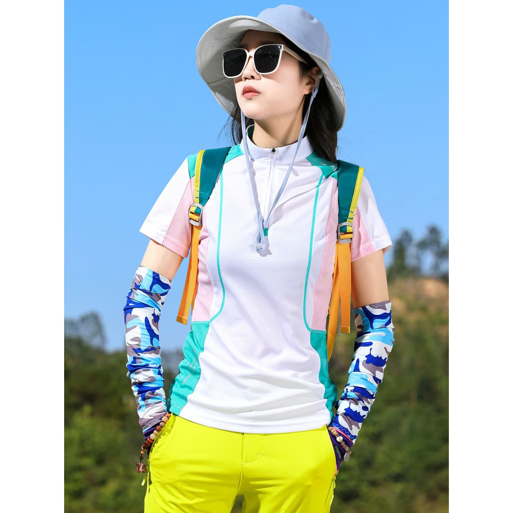 Protetor solar ao ar livre com sensação de gelo roupas de secagem rápida feminina camiseta de manga curta cor combinando
