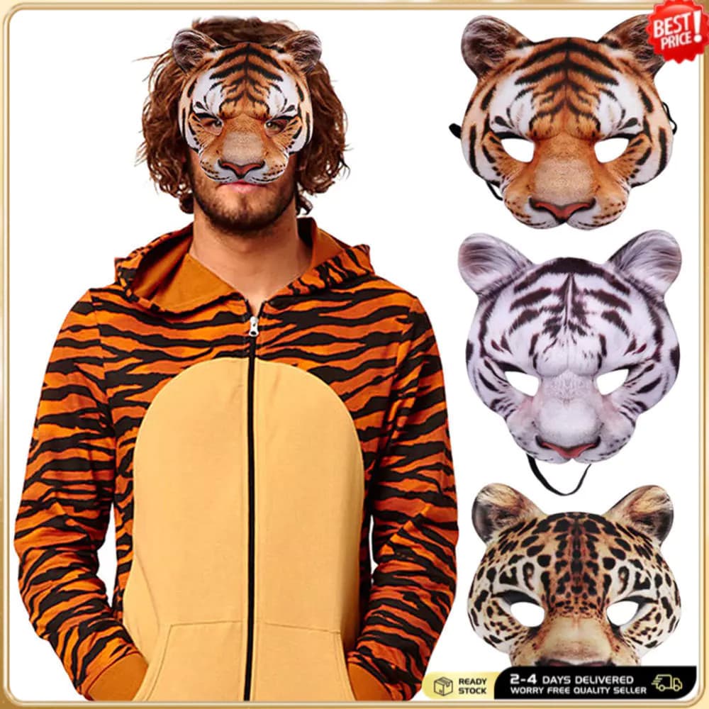 Máscara de Animal de Meia Face de Tigre para Halloween, Páscoa, Natal, Festa de Máscaras, Fantasia e Acessórios de Cospl
