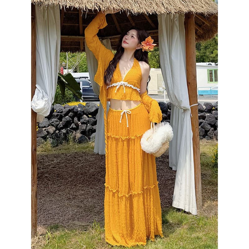 Estilo de férias amarelo Split maiô feminino manga comprida saia longa babados bolo saia mais magro olhar beira-mar maiô