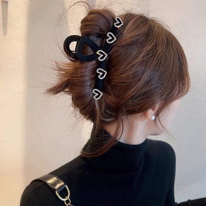 Presilha de cabelo em formato de coração grande, de veludo com strass, estilo coreano, acessório de cabelo elegante, ade