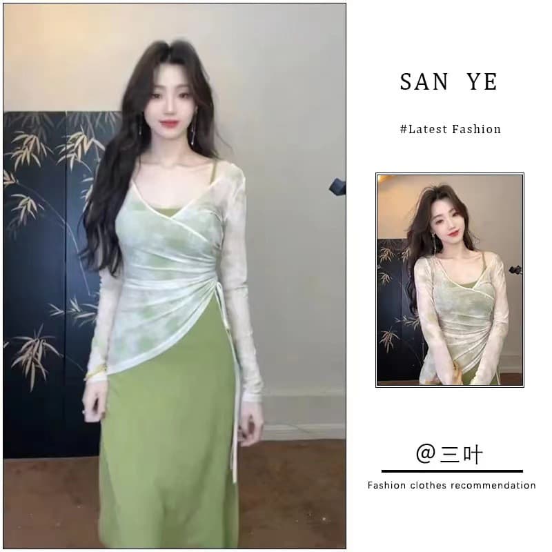 Novo estilo chinês estilo chinês terno feminino primavera verão novo estilo temperamento verde divisão estilingue vestid