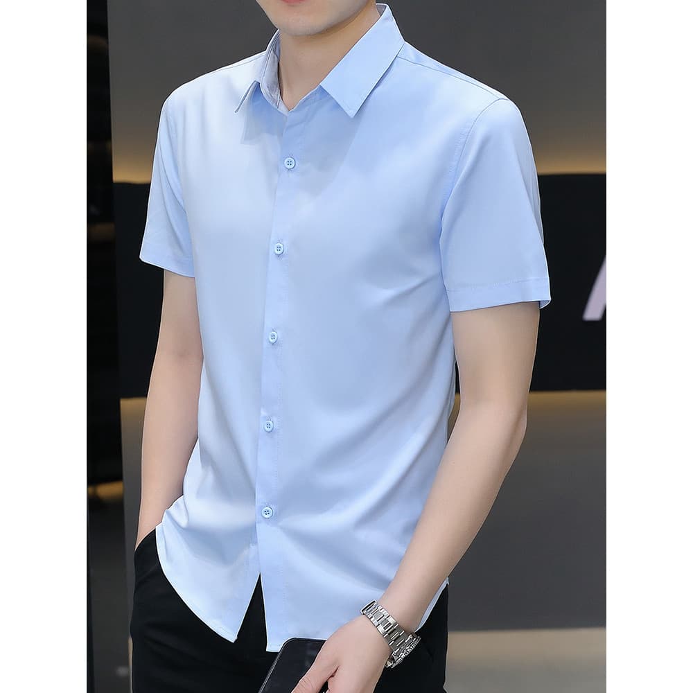 Verão fino casual camisa de manga curta masculina 2025 cor sólida negócios casual camisa de fundo solto estilo coreano c
