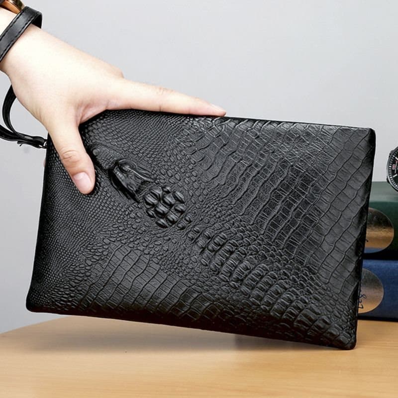 Bolsa de mão masculina de couro genuíno para iniciantes, bolsa de mão pequena com padrão de crocodilo, bolsa de mão masc