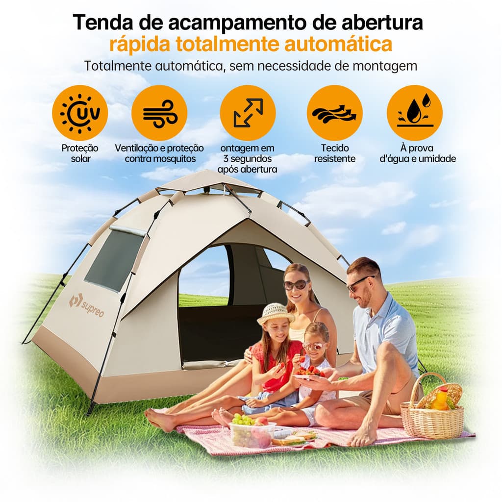 Barraca Camping Automática Impermeável 2 a 3 Pessoas Portátil Praia Tenda Dobrável Proteção Solar