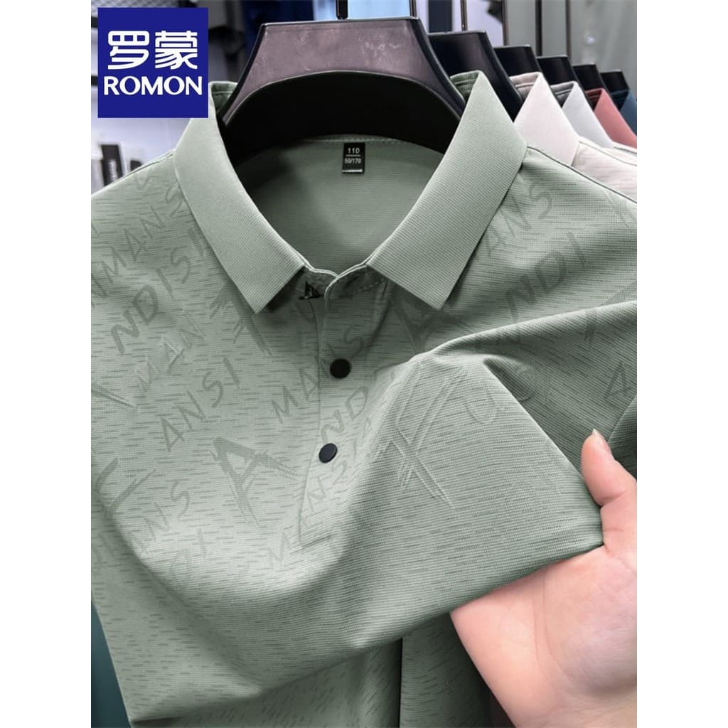 Lomon moda meia-idade jovem carta de meia-idade impressa camisa polo de manga curta verão na moda negócios lapela camise