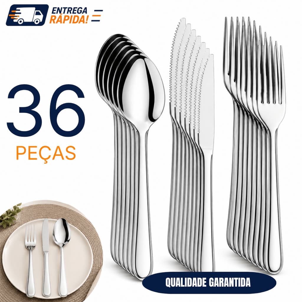 Jogo de Talheres Aço Inox 18 ou 36 Peças Colheres Garfos Facas Mesa  Alta Qualidade Cozinha Casa Restaurante Comida