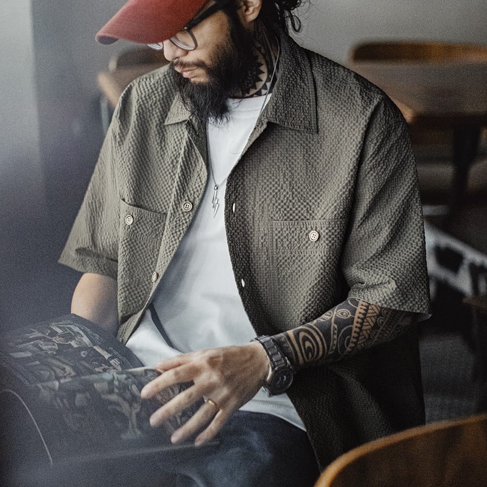 Ferramentas modernas americanas casuais AIRY Air Feel Seersucker camisa respirável camisa fina jaqueta masculina primave