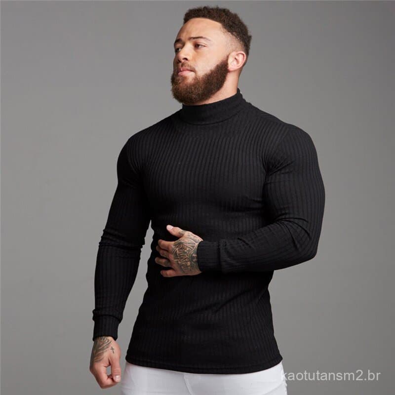 Suéter Masculino Casual de Gola Alta em Cor Sólida para Outono/Inverno