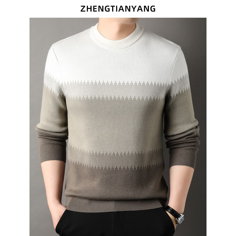 Máquina de aquecimento infravermelho distante lavável engrossado camisola masculina inverno em torno do pescoço listras