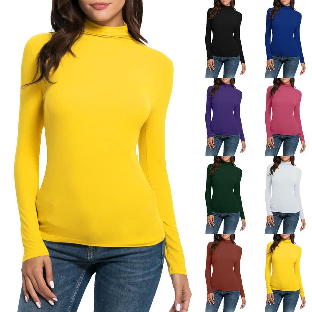 Nova camiseta feminina de estilo europeu e americano, casual, de manga longa, gola alta, cor sólida, semi-alta, ajustada