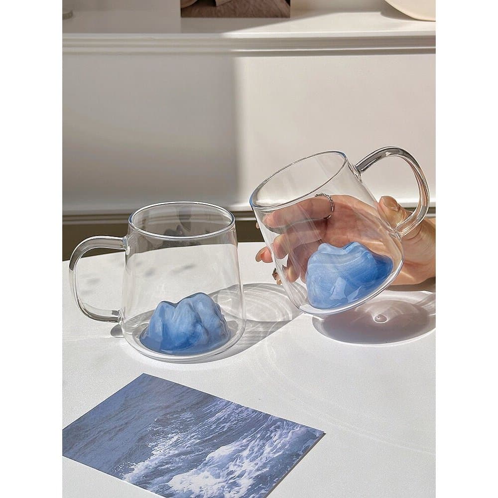 Copo de visão Fuji azul escuro, copo de montanha, neve, montanha, resistente ao calor, vidro de borosilicato alto com al