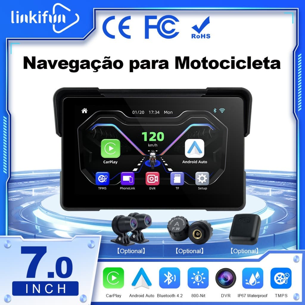 Linkifun MT7 Tela CarPlay Para Motocicleta De 7 Polegadas , Apple Sem Fio E Android Auto , Espelhamento De , IP67 , Mont