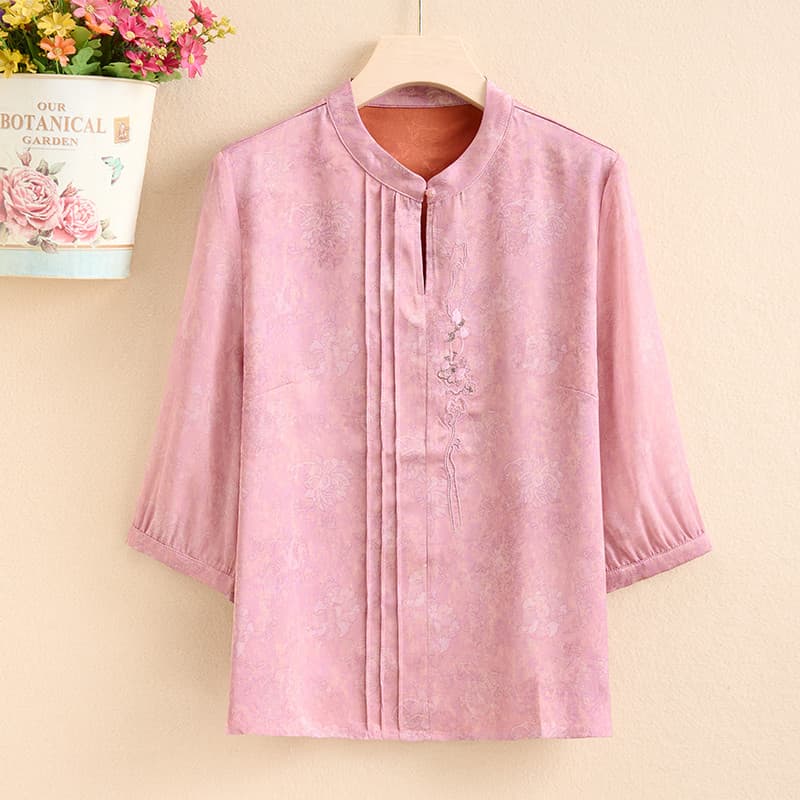 Verão estilo fino novo estilo chinês cetim de seda gelo em torno do pescoço Jacquard meia manga camiseta feminina tamanh