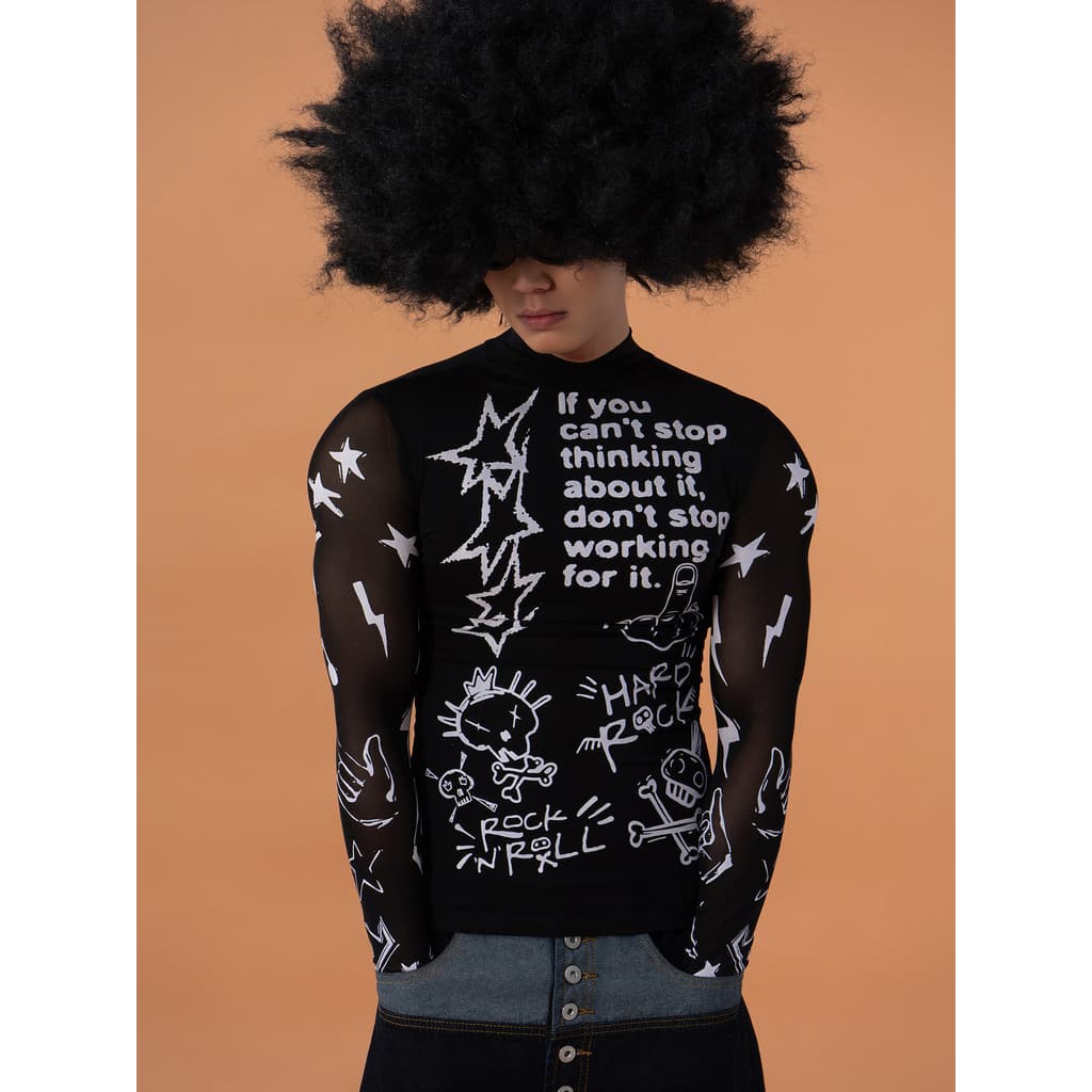 CLP Preto Graffiti Impresso Malha Oca Camiseta de Manga Comprida Top Masculino Slim-Fit Skinny Casual Base Street