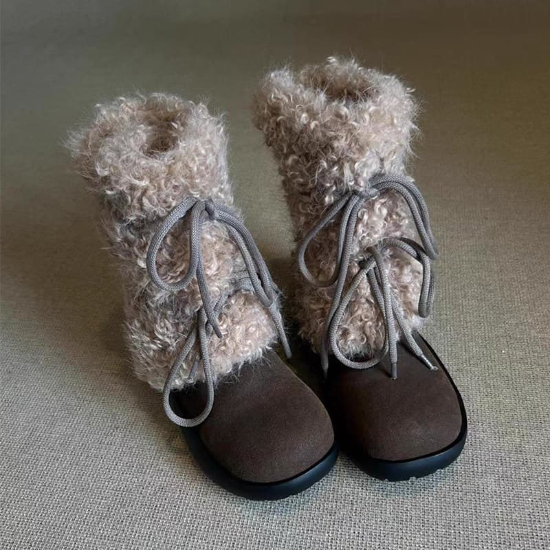 Retro botas marrons de sola grossa velo engrossado botas curtas femininas 2025 inverno novo estilo sapatos de pele quent
