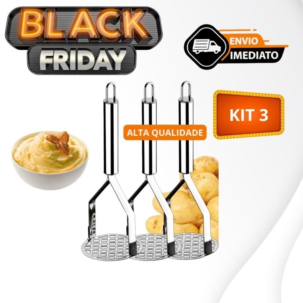 Kit 03 Amassador Espremedor de Batatas e Legumes Purê em Aço Inox Redondo com Cabo Reforçado
