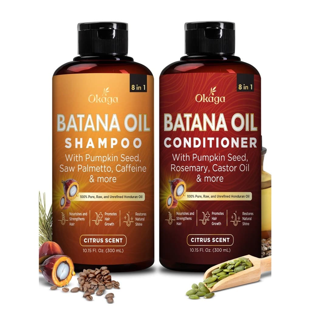 OkagaShowerSet-Shampoo e Condicionador com Óleo de Batana-8 em 1 Cuidado Orgânico para Cabelo e Couro Cabeludo-Crescimen