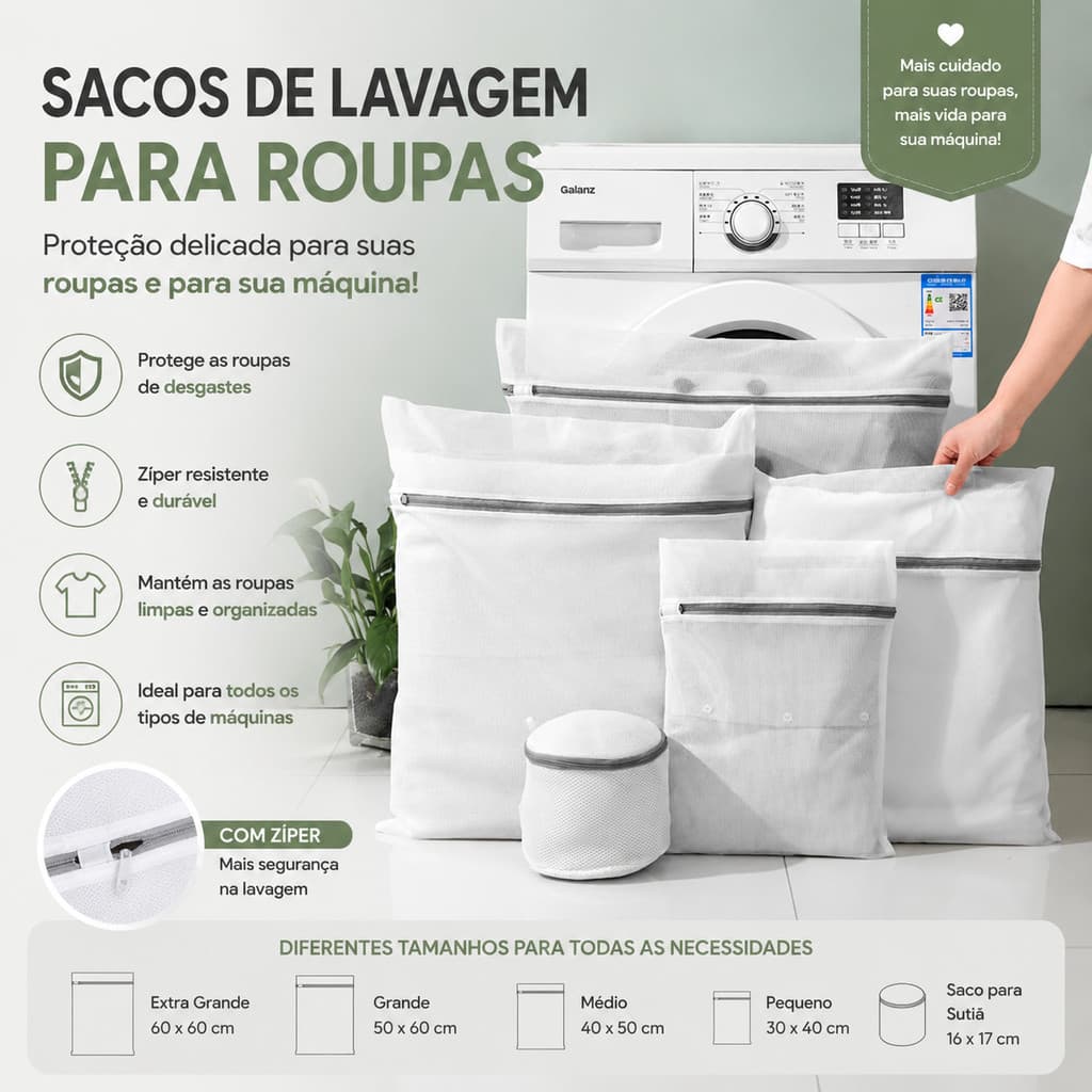 Kit 10 Sacos Lavar Roupas Delicadas 5 Tamanhos Evita Torção Desfiamento e Deformação De Roupas Íntimas