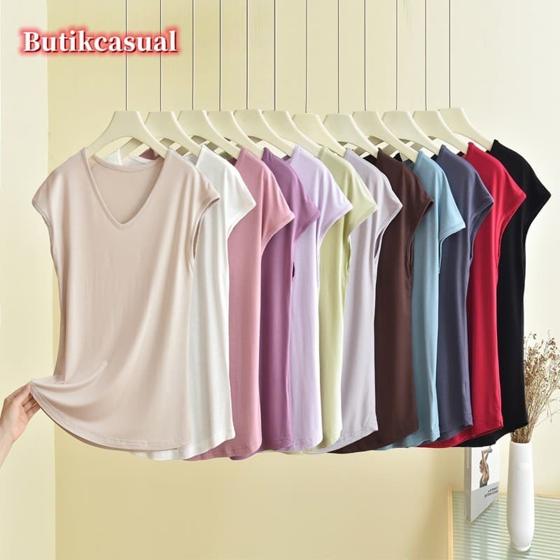 Mulheres modal Topos Simples Topo Manga Curta Camiseta Com Decote Em v Sem Mangas Pequena Fundo Solto