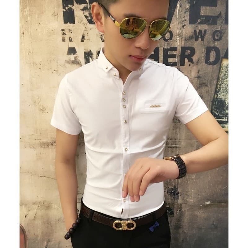 Camisa bonita juventude de manga curta camisa branca masculina moda espírito magro-ajuste versão coreana camisa na moda