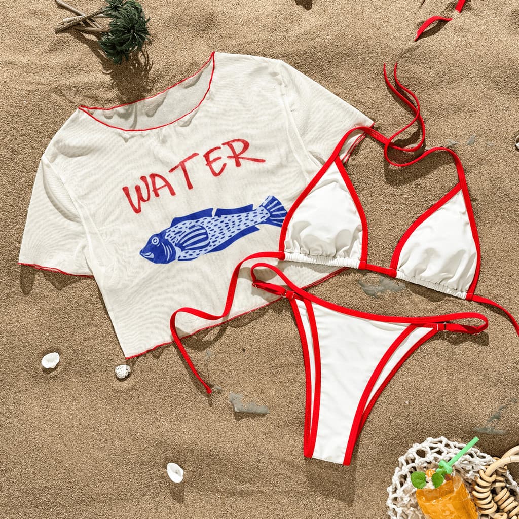 2026 Novo Conjunto de Biquíni de Três Peças Estampado Europeu e Americano para Mulheres, Biquíni Conservador com Amarraç