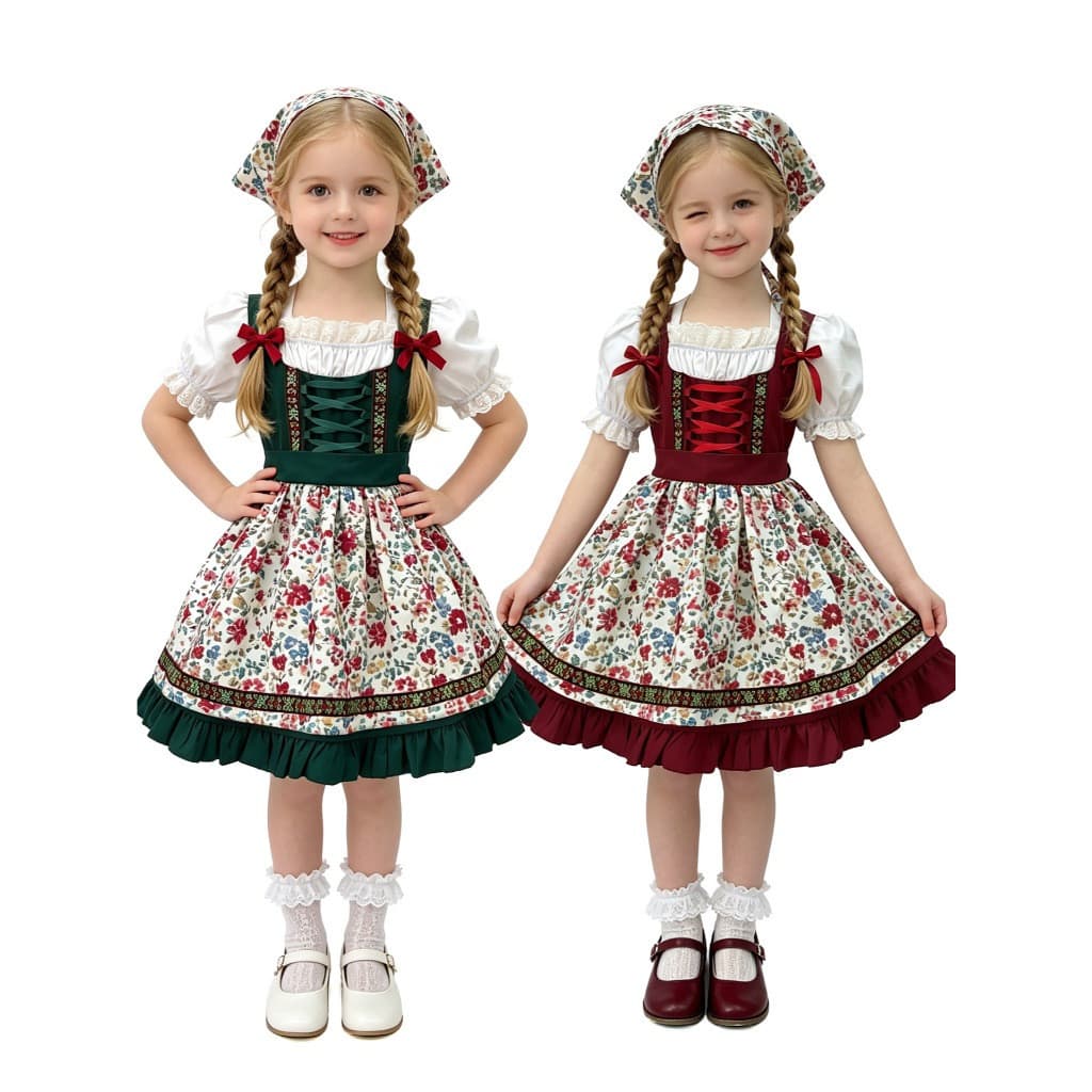 Vestido Dirndl Floral para Meninas, Fantasia Infantil Alemã para Oktoberfest de Munique, Traje de Apresentação de Carnav